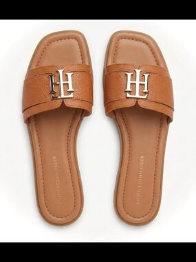 Tommy Hilfiger Tan Leather Slide Sandals with Silver TH Accent